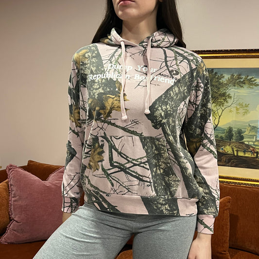 DUMP YOUR REPUBLICAN BOYFRIEND pink camo crewneck with white text (L)