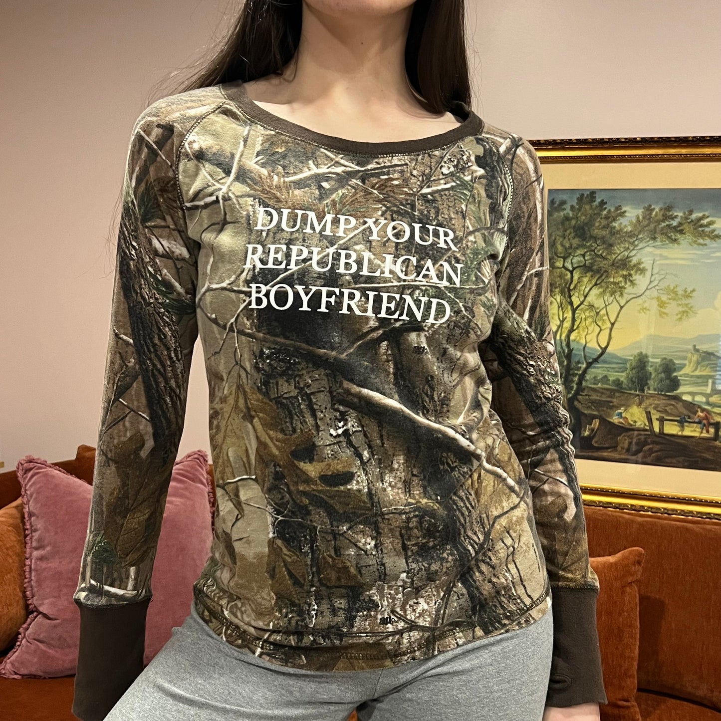 DUMP YOUR REPUBLICAN BOYFRIEND camo long sleeve t-shirt with white text (L)