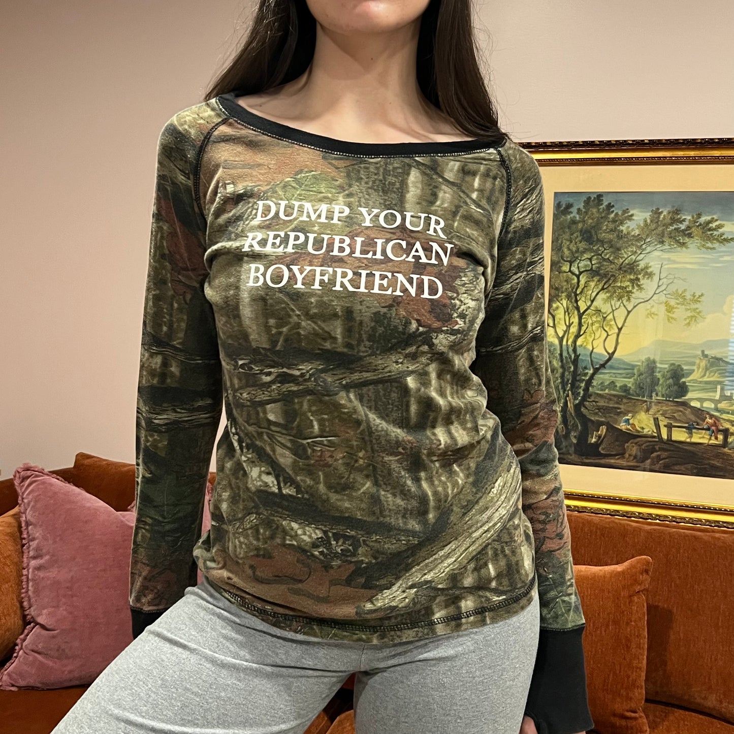 DUMP YOUR REPUBLICAN BOYFRIEND camo long sleeve t-shirt with white text (L)
