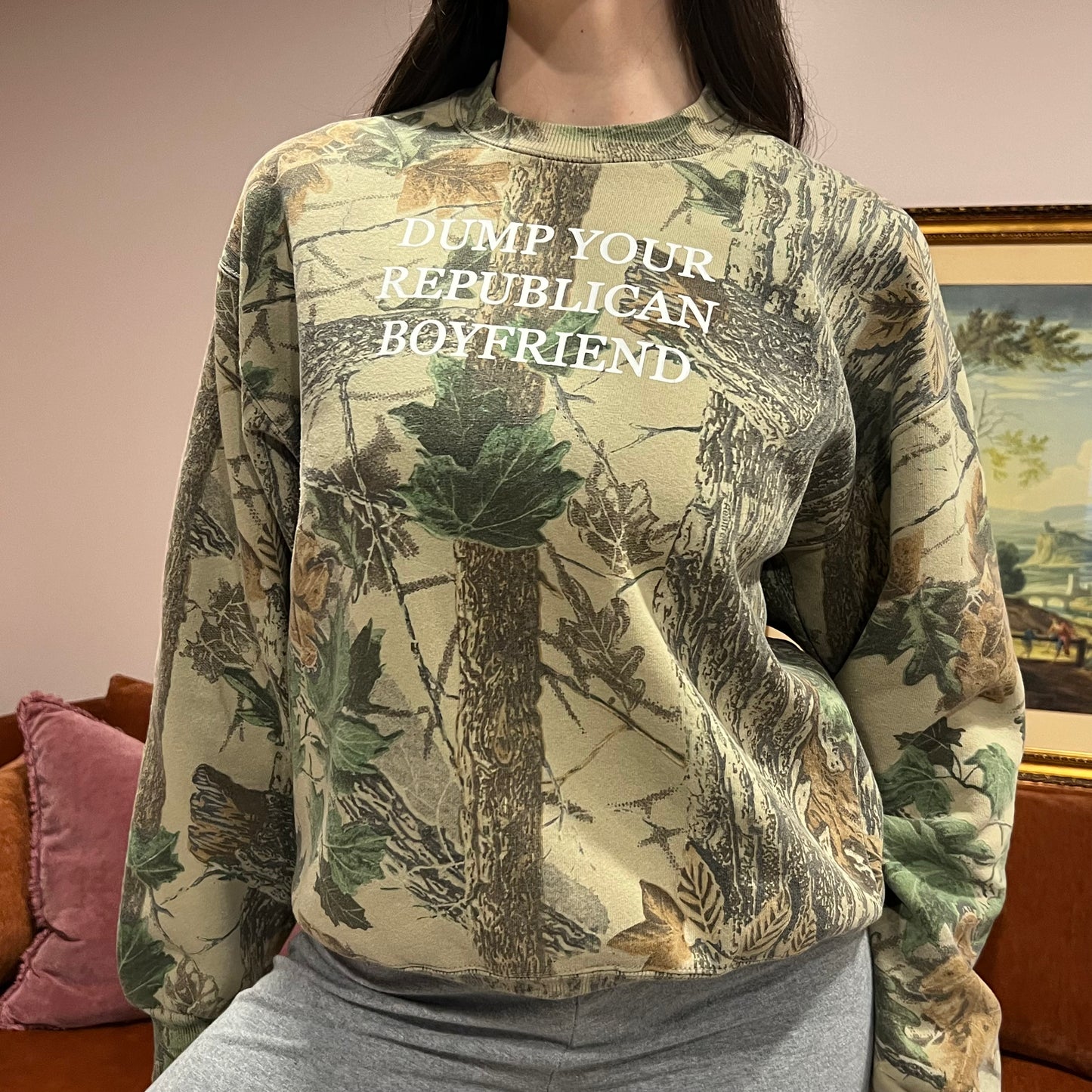 DUMP YOUR REPUBLICAN BOYFRIEND camo crewneck with white text (M)