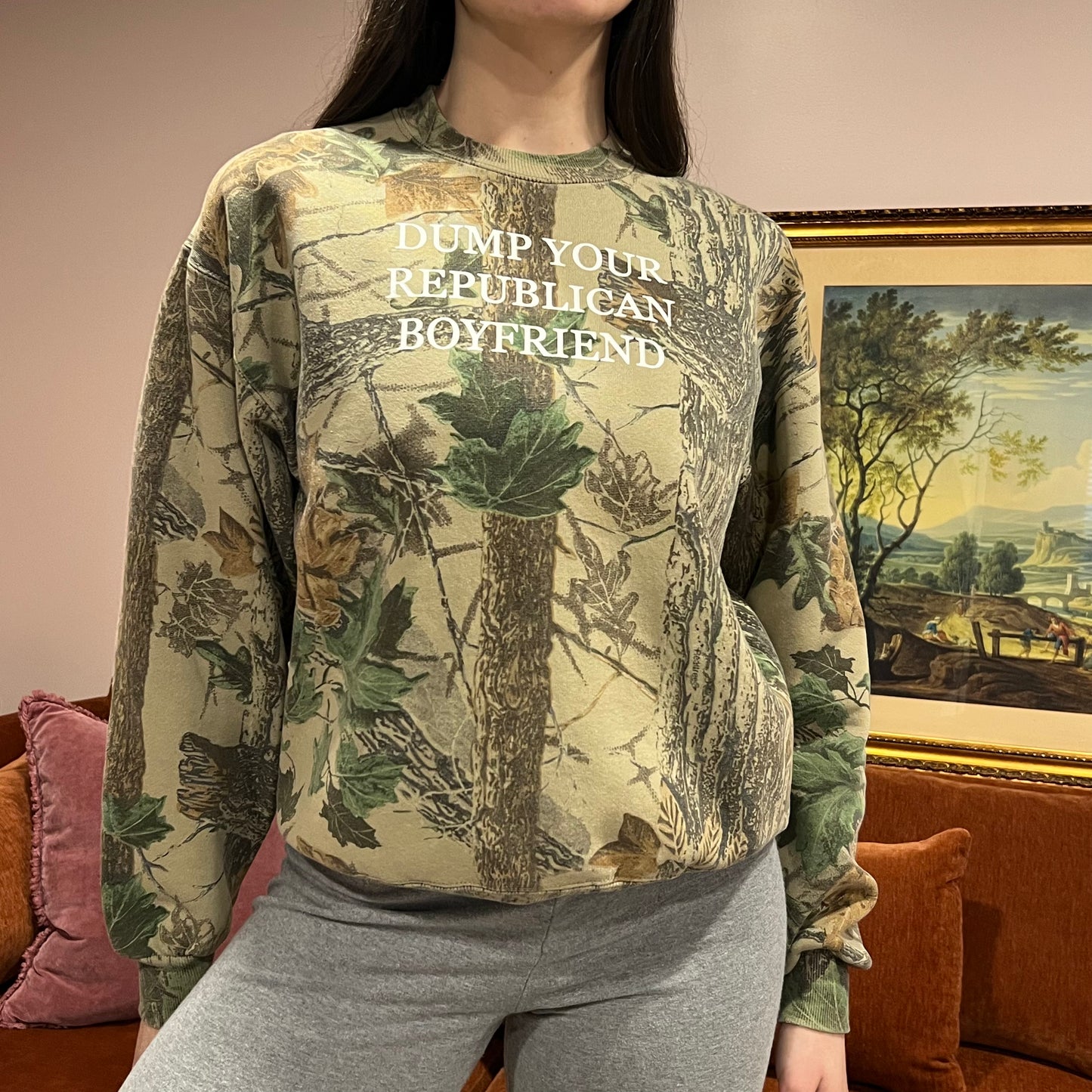 DUMP YOUR REPUBLICAN BOYFRIEND camo crewneck with white text (M)