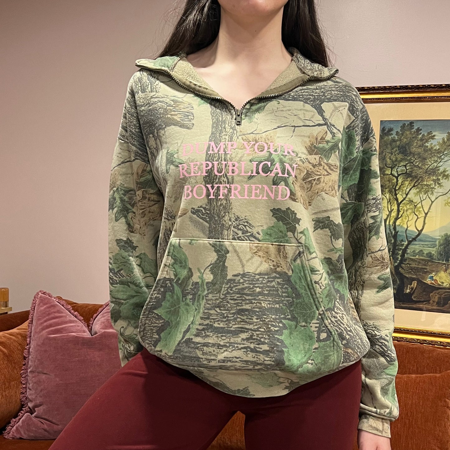 DUMP YOUR REPUBLICAN BOYFRIEND camo zip-up with pink text (L)