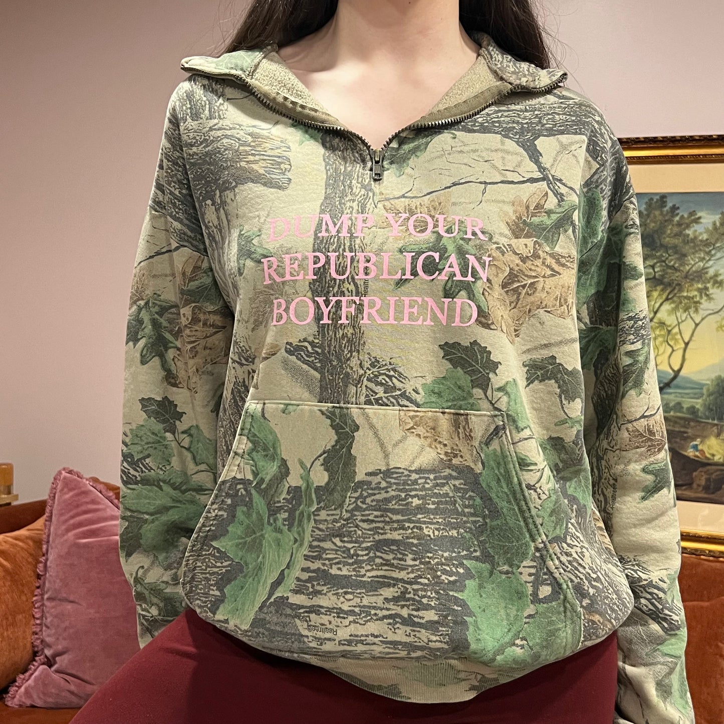 DUMP YOUR REPUBLICAN BOYFRIEND camo zip-up with pink text (L)