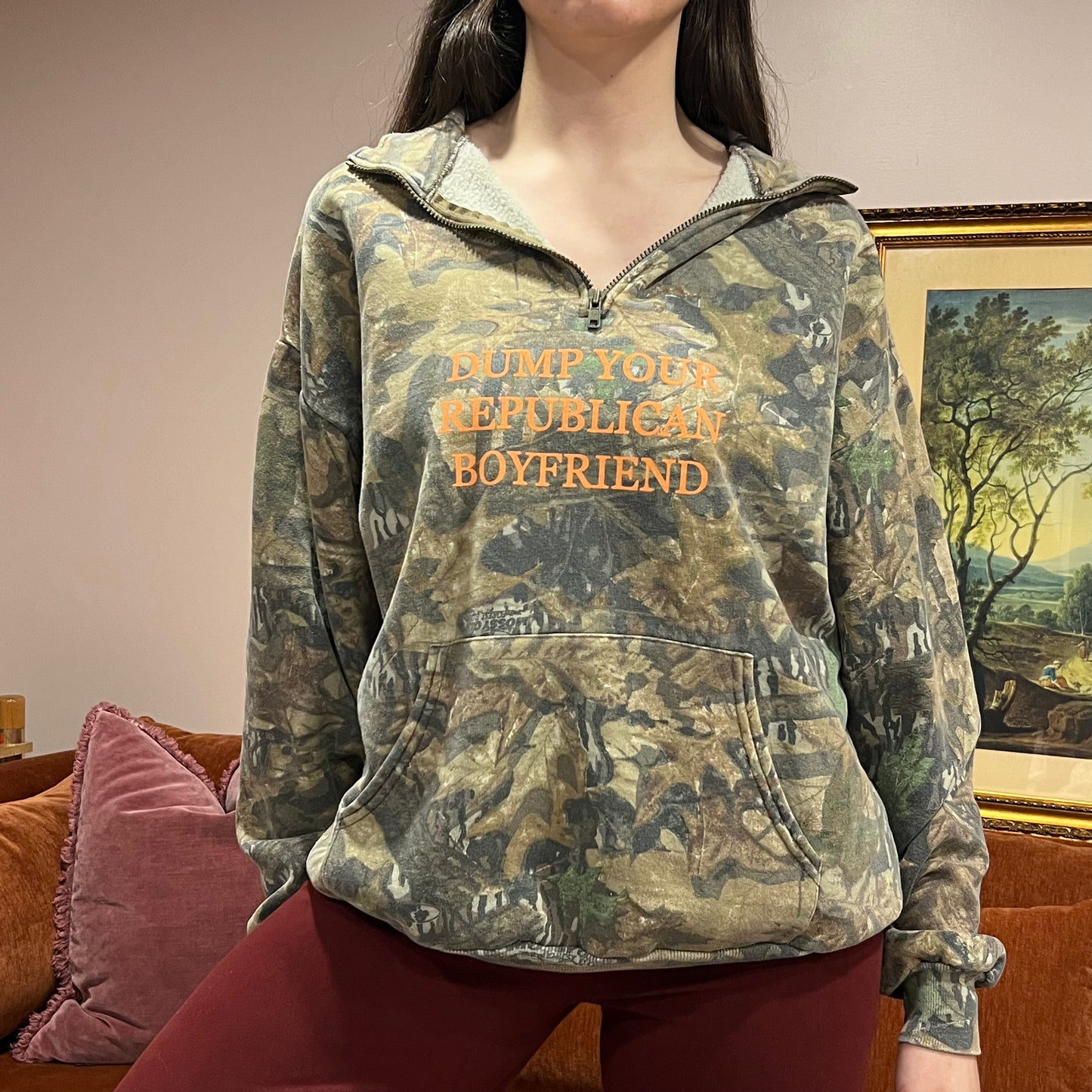 DUMP YOUR REPUBLICAN BOYFRIEND camo zip-up with orange text (XL)