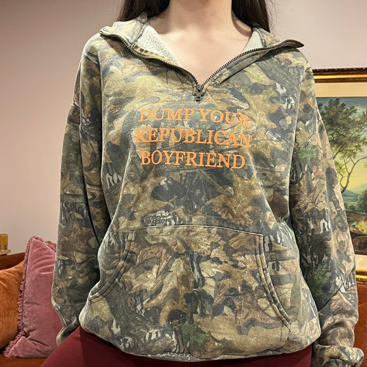 DUMP YOUR REPUBLICAN BOYFRIEND camo zip-up with orange text (XL)