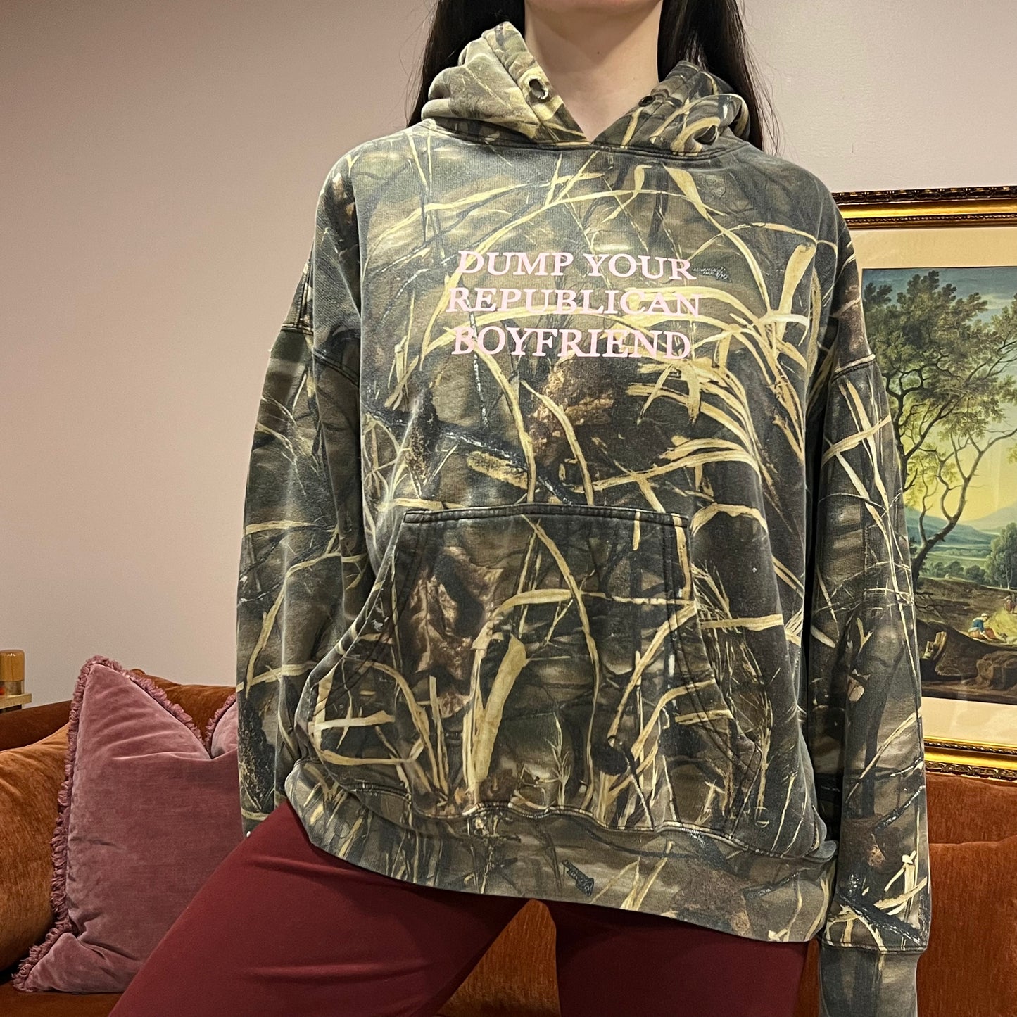 DUMP YOUR REPUBLICAN BOYFRIEND camo hoodie with pink text (XL/2XL)