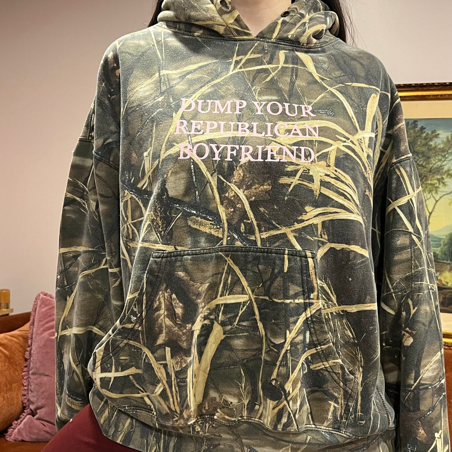 DUMP YOUR REPUBLICAN BOYFRIEND camo hoodie with pink text (XL/2XL)