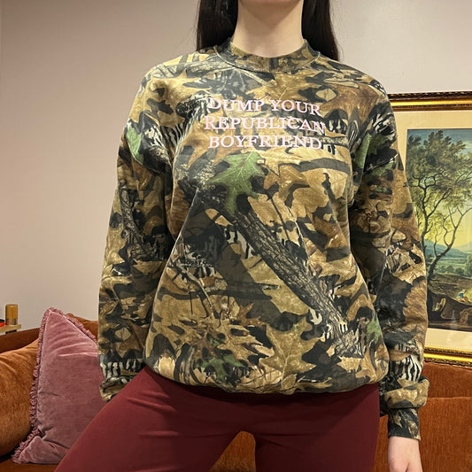 DUMP YOUR REPUBLICAN BOYFRIEND camo crewneck with pink text (L)