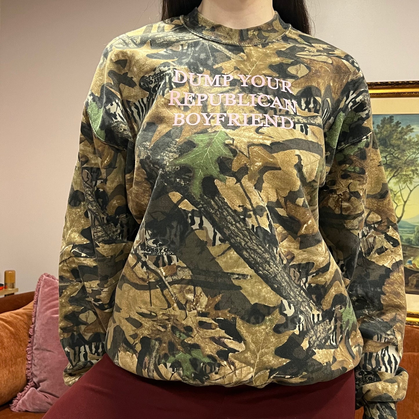 DUMP YOUR REPUBLICAN BOYFRIEND camo crewneck with pink text (L)