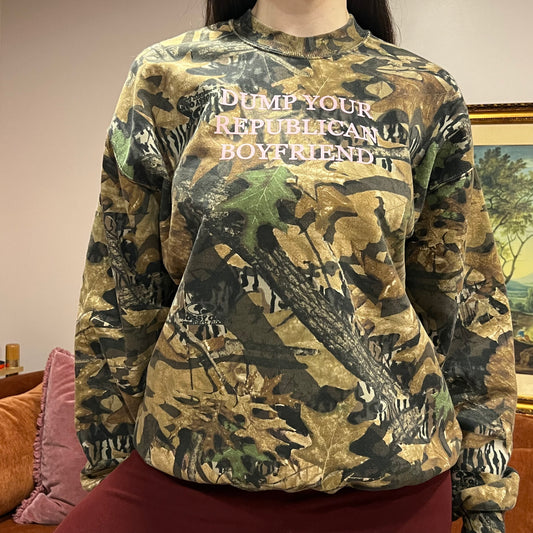 DUMP YOUR REPUBLICAN BOYFRIEND camo crewneck with pink text (L)