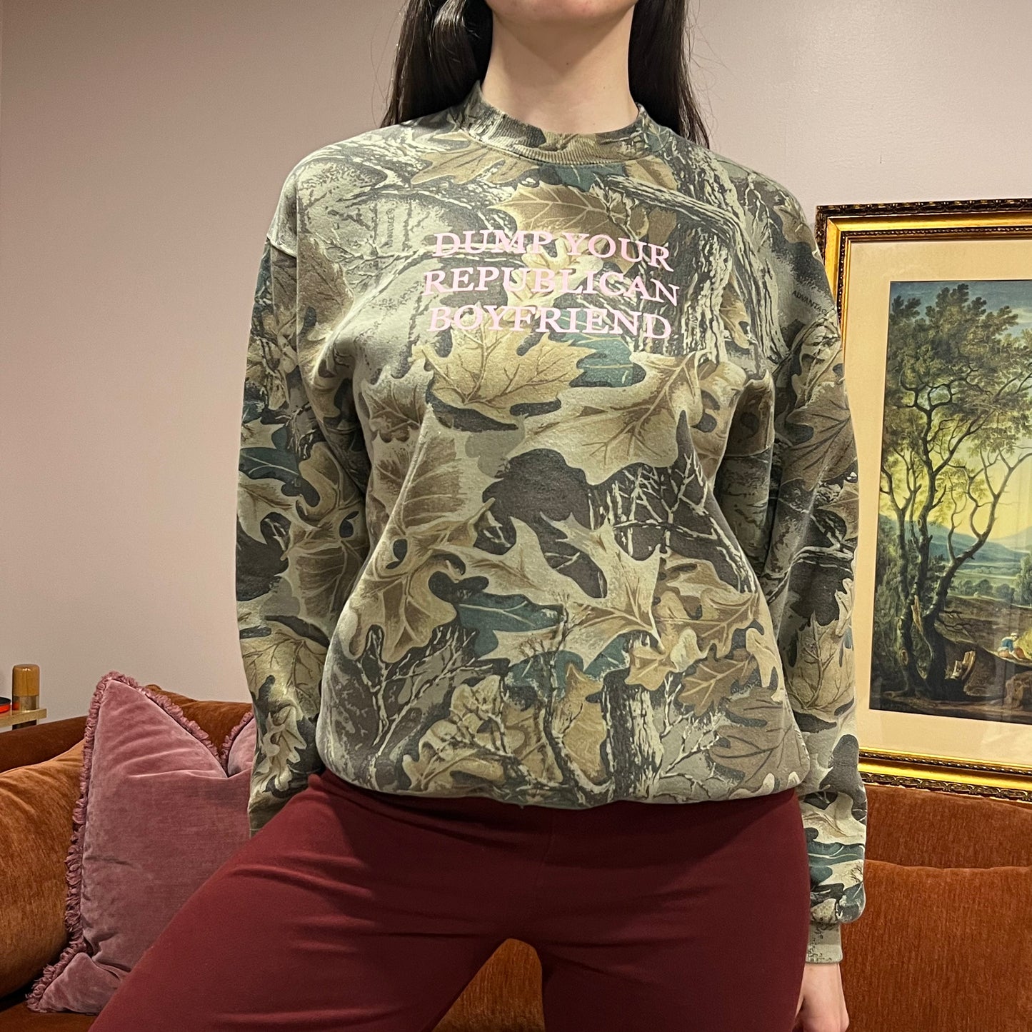 DUMP YOUR REPUBLICAN BOYFRIEND camo crewneck with pink text (M)