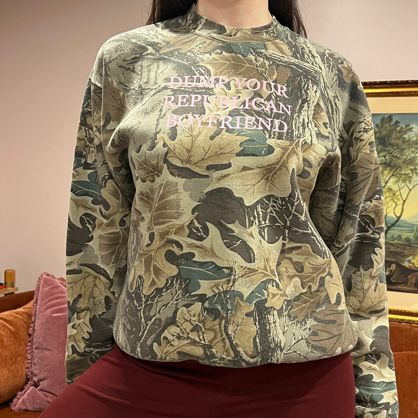 DUMP YOUR REPUBLICAN BOYFRIEND camo crewneck with pink text (M)