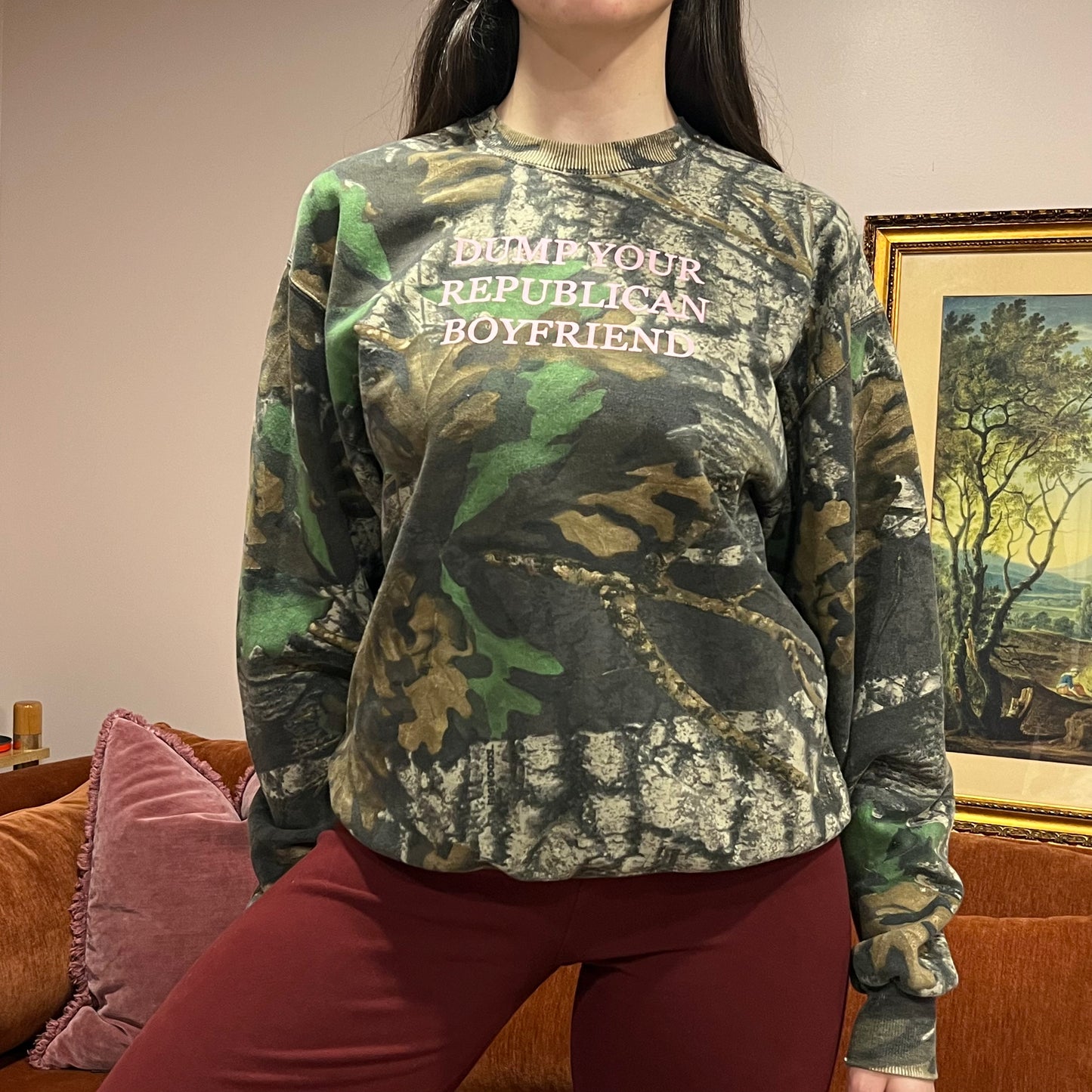 DUMP YOUR REPUBLICAN BOYFRIEND camo crewneck with pink text (M)