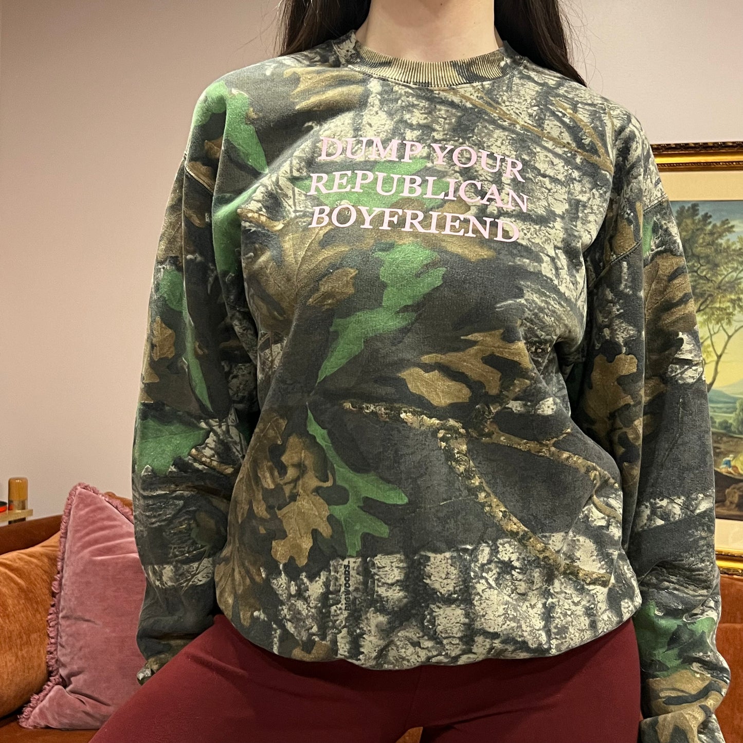 DUMP YOUR REPUBLICAN BOYFRIEND camo crewneck with pink text (M)