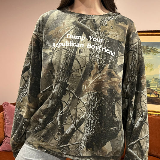 DUMP YOUR REPUBLICAN BOYFRIEND camo crewneck with white text (XL)