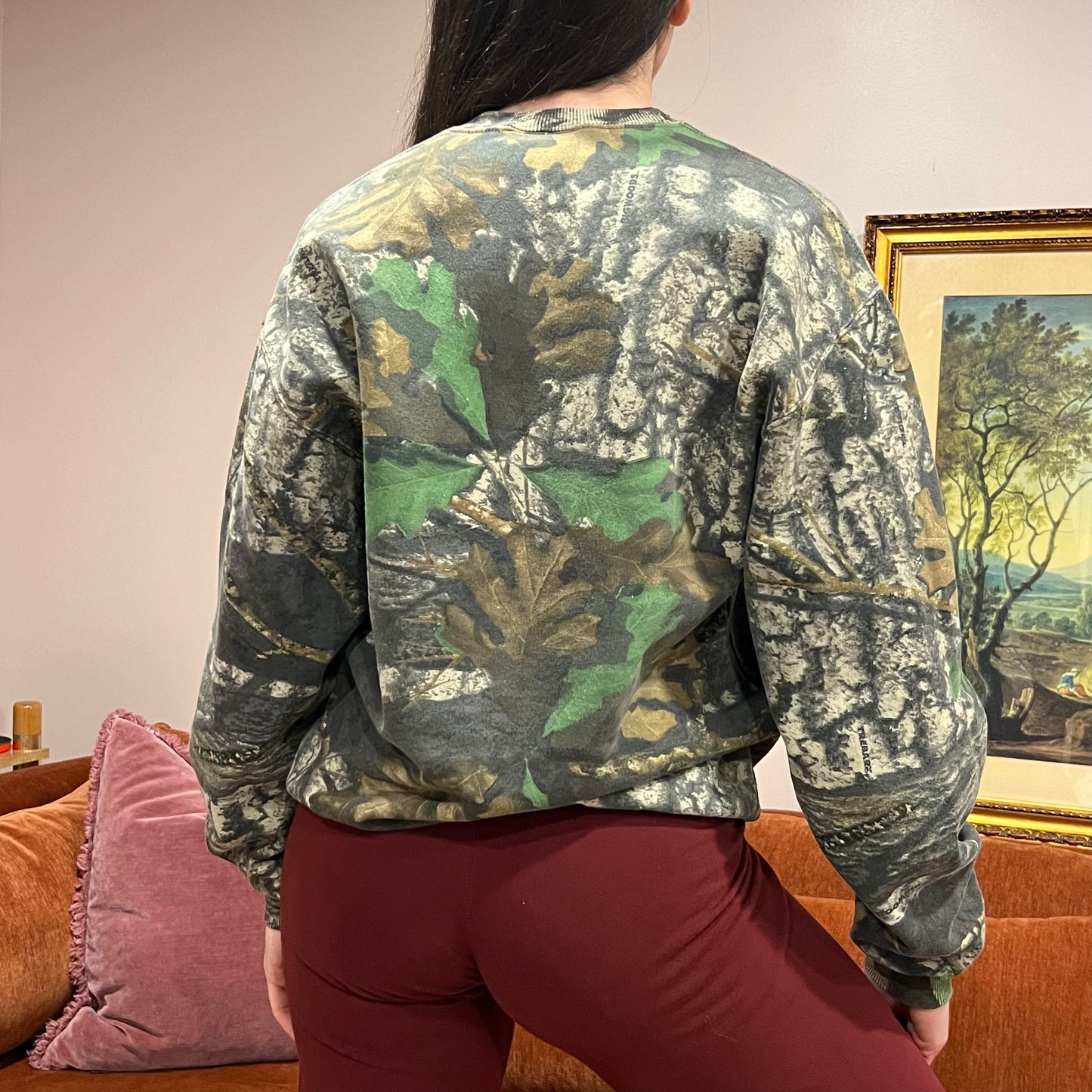 DUMP YOUR REPUBLICAN BOYFRIEND camo crewneck with pink text (M)