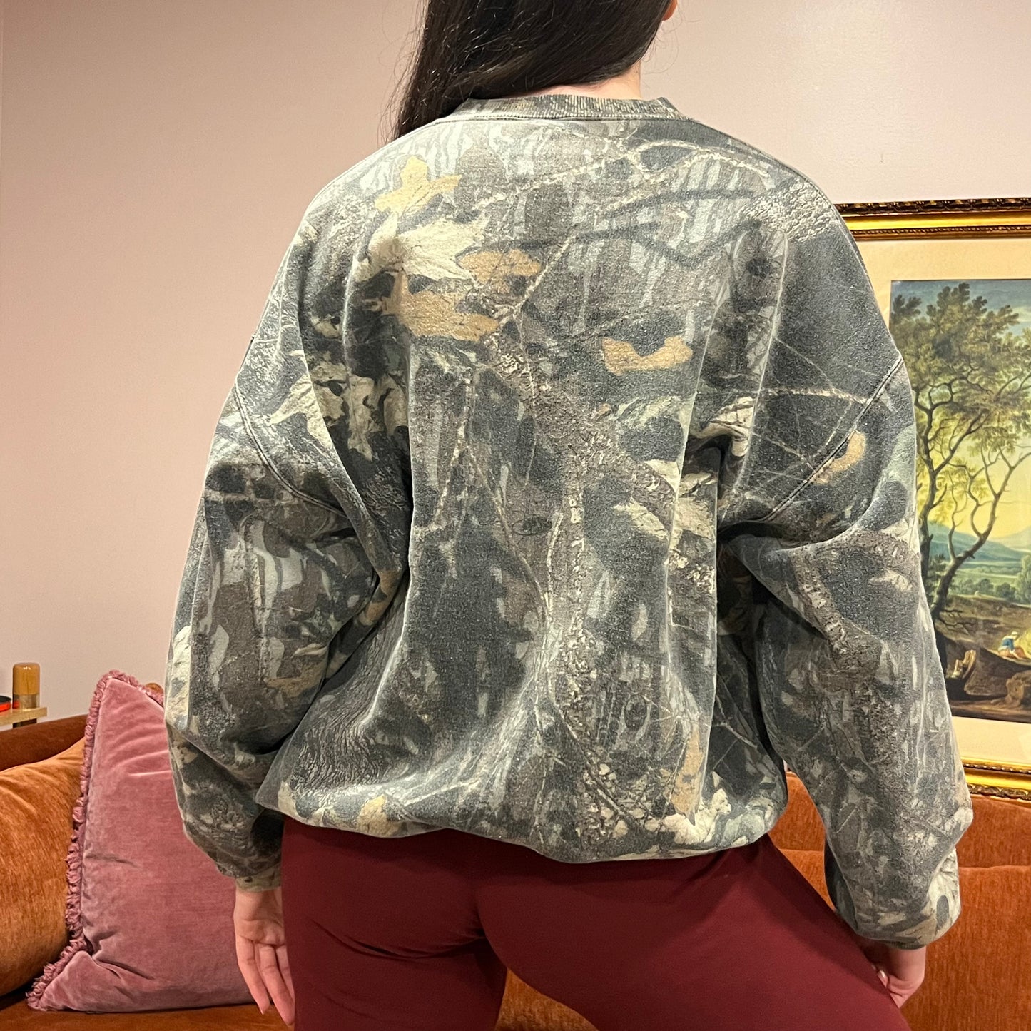 DUMP YOUR REPUBLICAN BOYFRIEND camo crewneck with pink text (XL)