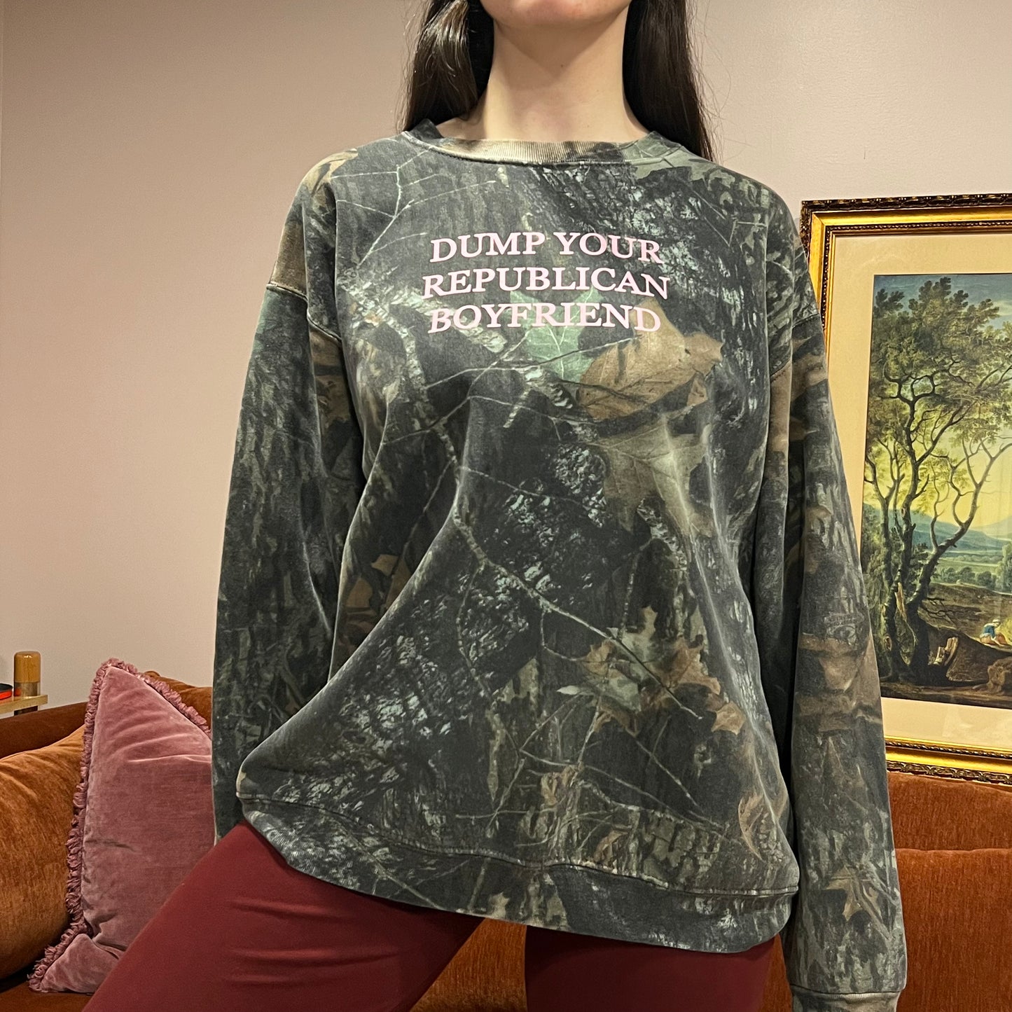 DUMP YOUR REPUBLICAN BOYFRIEND camo crewneck with pink text (2XL)