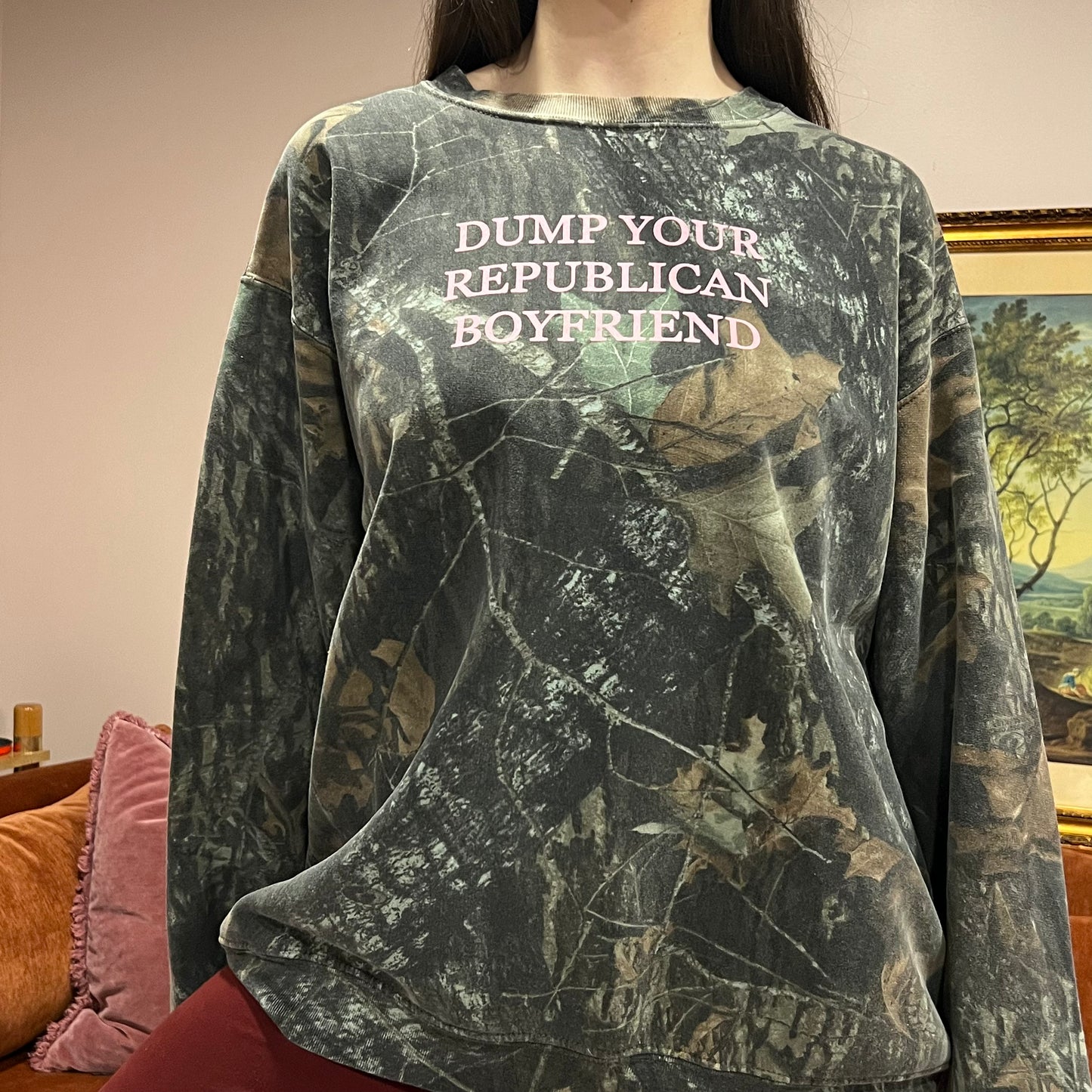 DUMP YOUR REPUBLICAN BOYFRIEND camo crewneck with pink text (2XL)