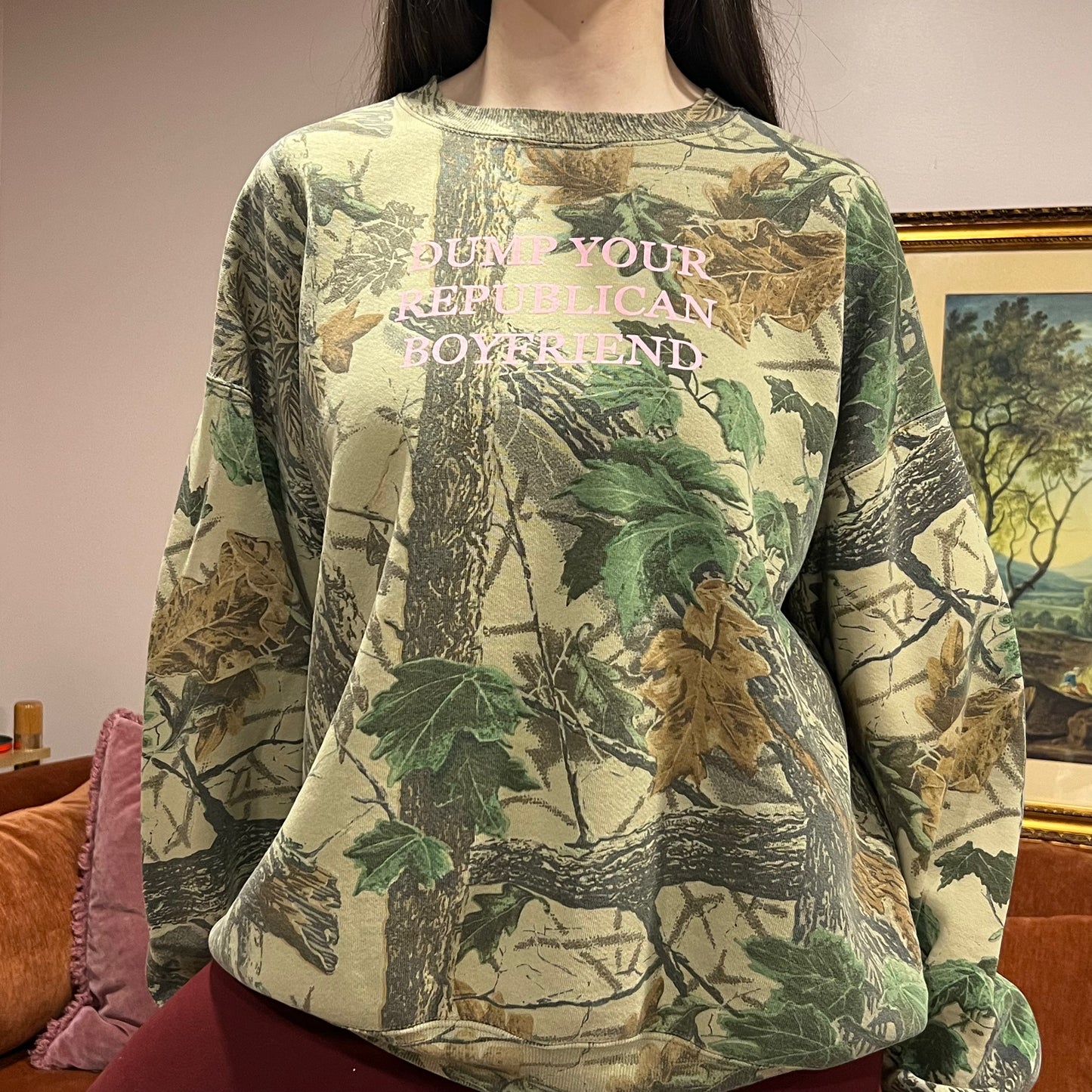 DUMP YOUR REPUBLICAN BOYFRIEND camo crewneck with pink text (2XL)