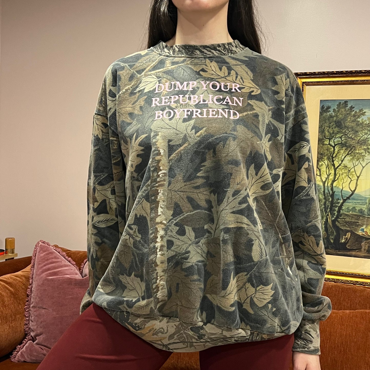DUMP YOUR REPUBLICAN BOYFRIEND camo crewneck with pink text (2XL)