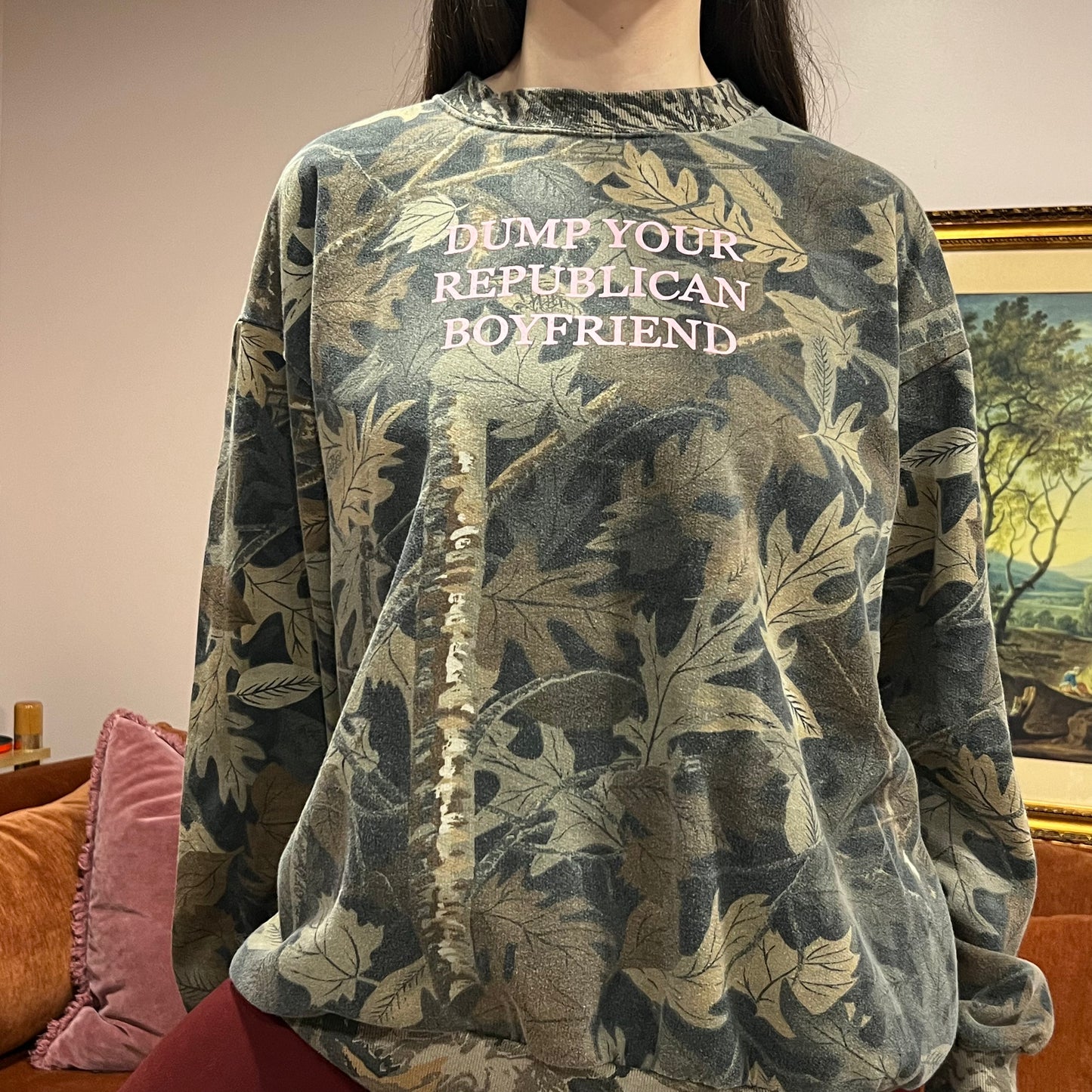 DUMP YOUR REPUBLICAN BOYFRIEND camo crewneck with pink text (2XL)