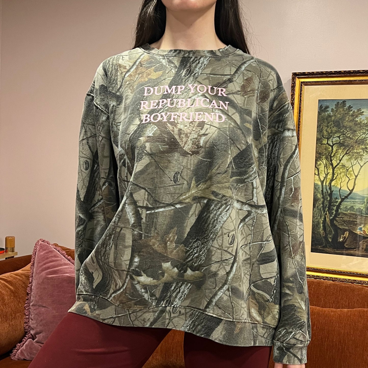 DUMP YOUR REPUBLICAN BOYFRIEND camo crewneck with pink text (2XL)
