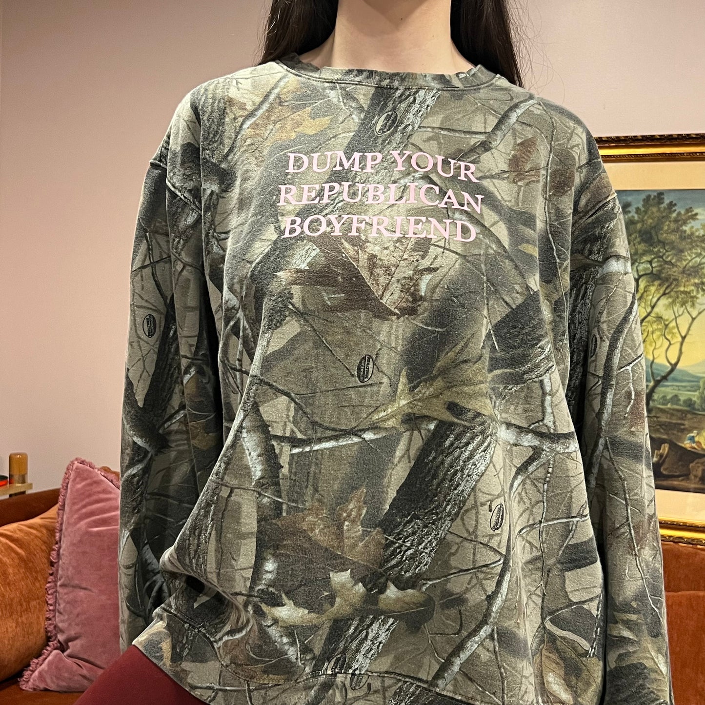 DUMP YOUR REPUBLICAN BOYFRIEND camo crewneck with pink text (2XL)