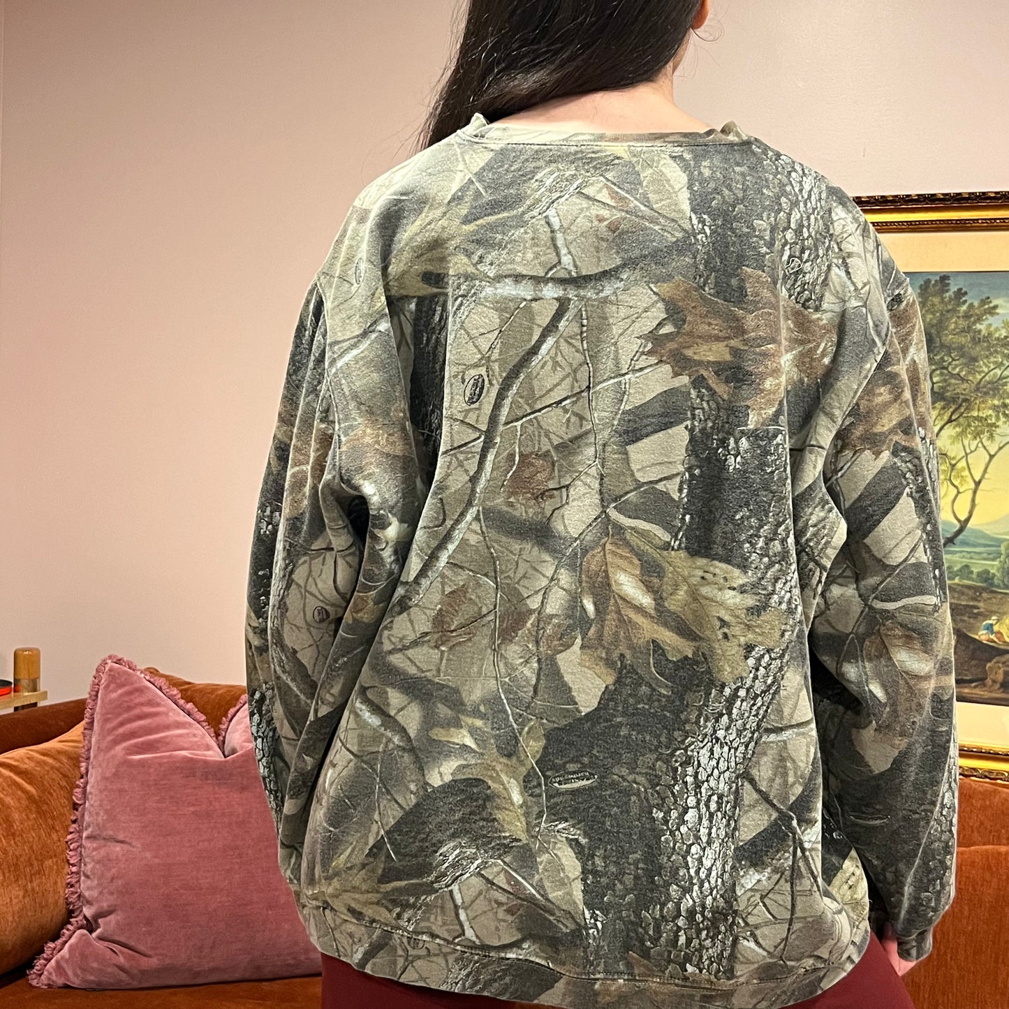 DUMP YOUR REPUBLICAN BOYFRIEND camo crewneck with pink text (2XL)