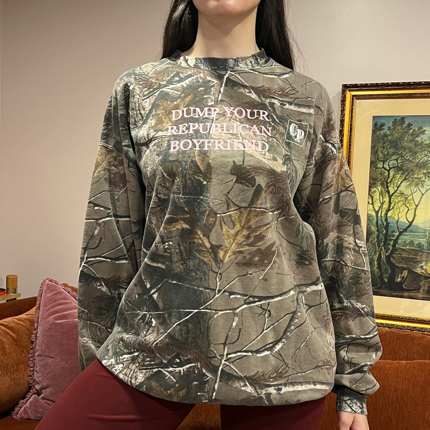 DUMP YOUR REPUBLICAN BOYFRIEND camo crewneck with pink text (2XL)