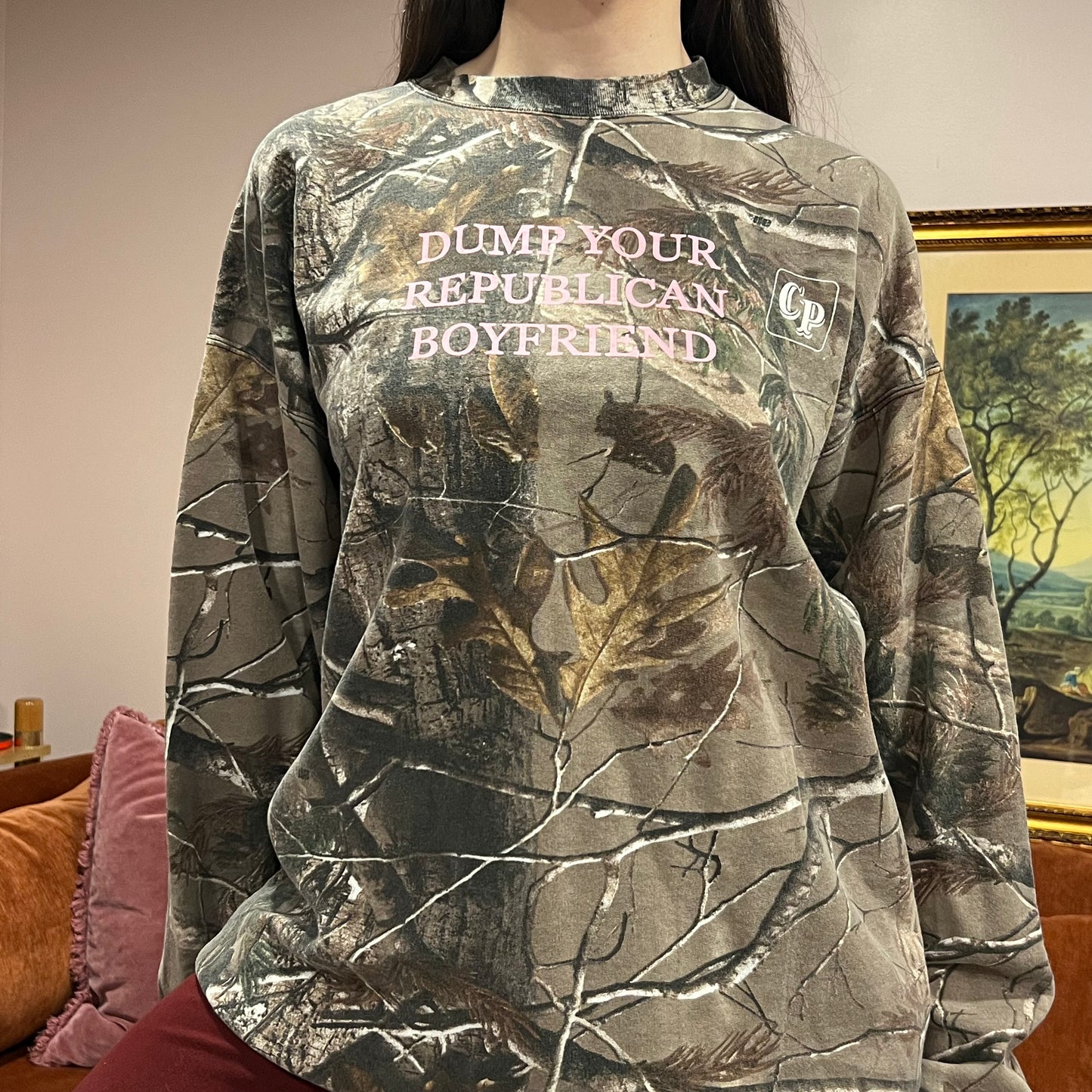 DUMP YOUR REPUBLICAN BOYFRIEND camo crewneck with pink text (2XL)