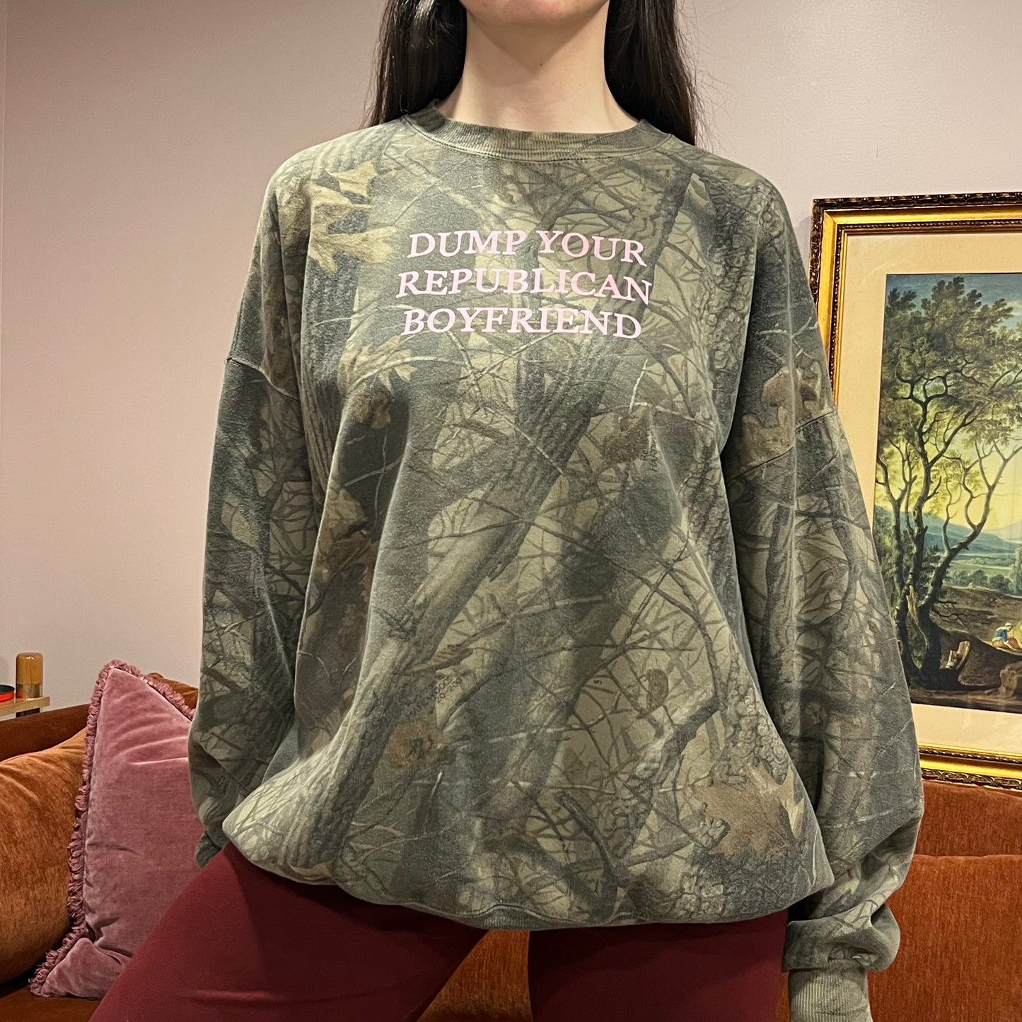 DUMP YOUR REPUBLICAN BOYFRIEND camo crewneck with pink text (3XL)