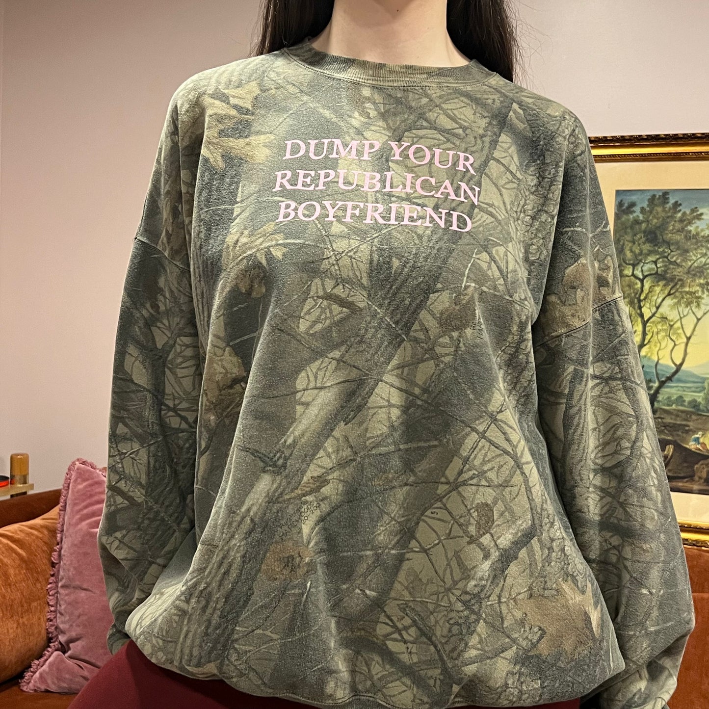 DUMP YOUR REPUBLICAN BOYFRIEND camo crewneck with pink text (3XL)