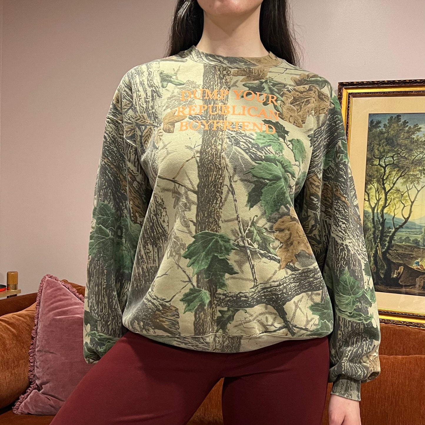 DUMP YOUR REPUBLICAN BOYFRIEND camo crewneck with orange text (L)