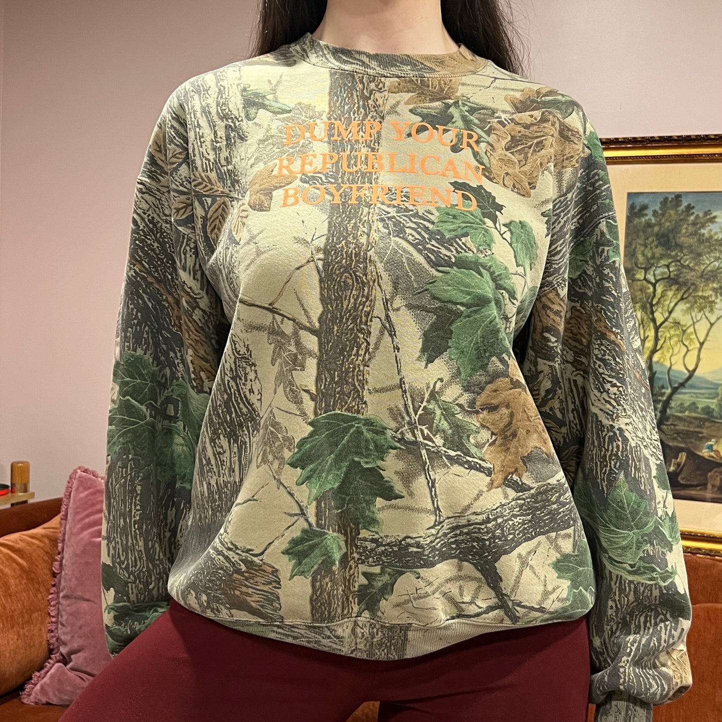 DUMP YOUR REPUBLICAN BOYFRIEND camo crewneck with orange text (L)