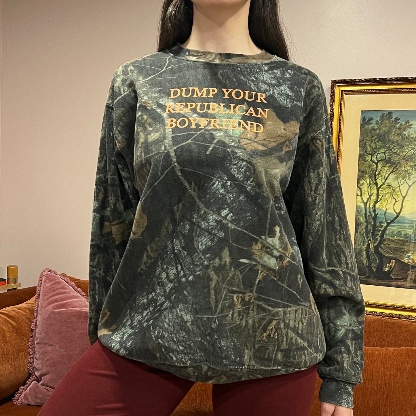 DUMP YOUR REPUBLICAN BOYFRIEND camo crewneck with orange text (L)
