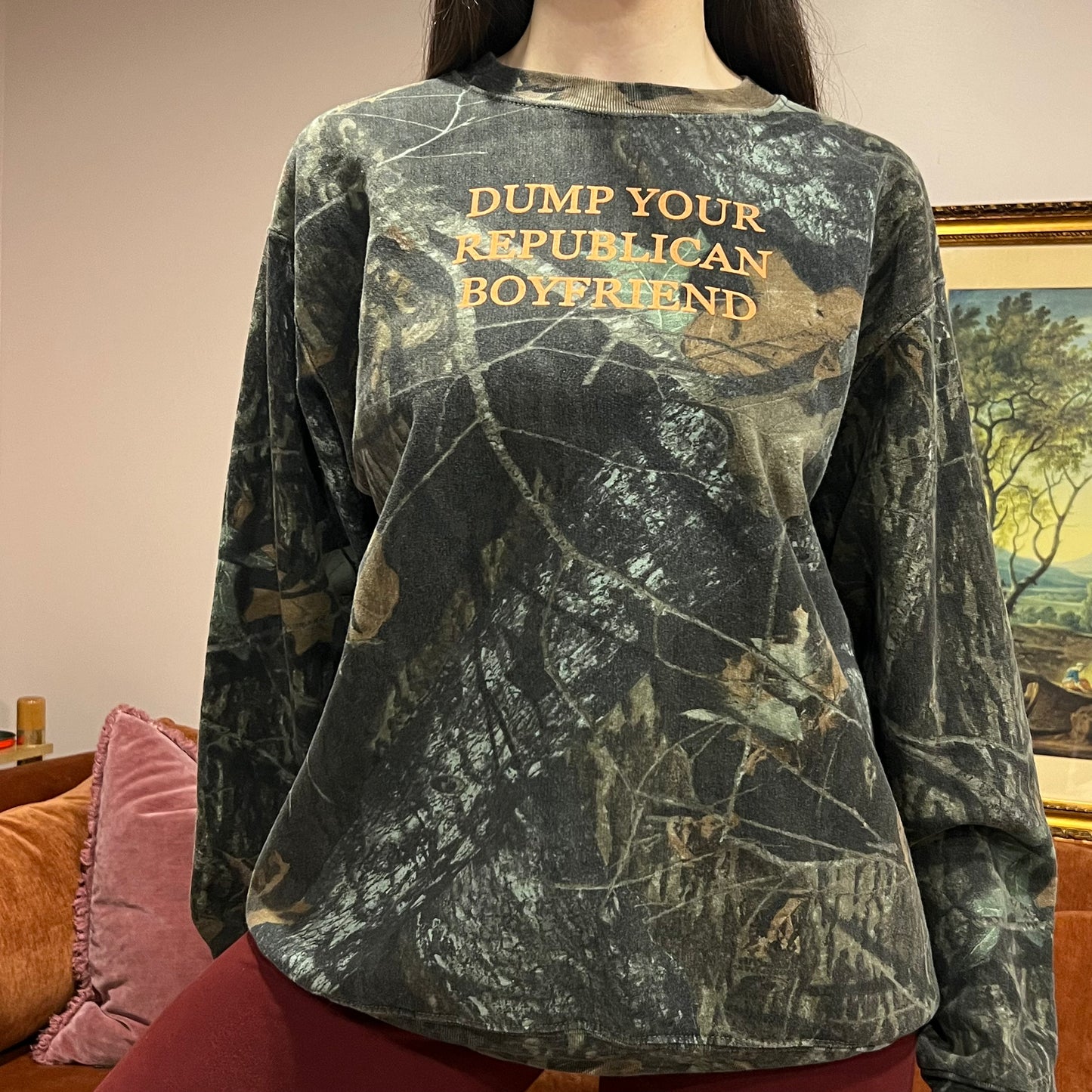DUMP YOUR REPUBLICAN BOYFRIEND camo crewneck with orange text (L)