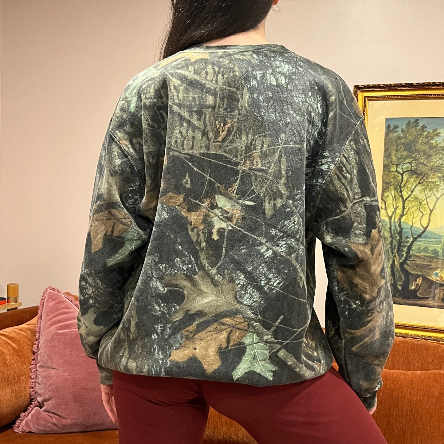 DUMP YOUR REPUBLICAN BOYFRIEND camo crewneck with orange text (L)