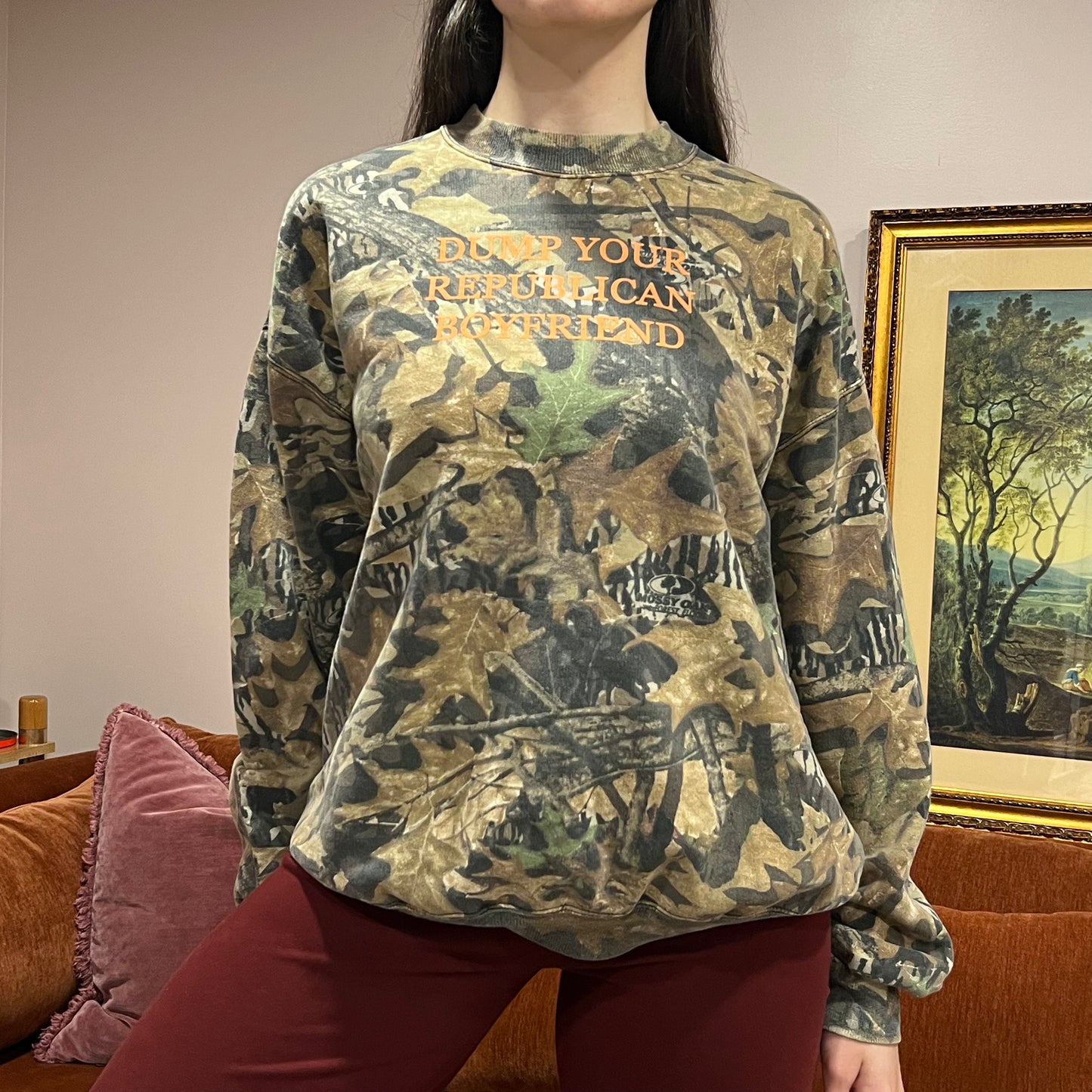 DUMP YOUR REPUBLICAN BOYFRIEND camo crewneck with orange text (XL)