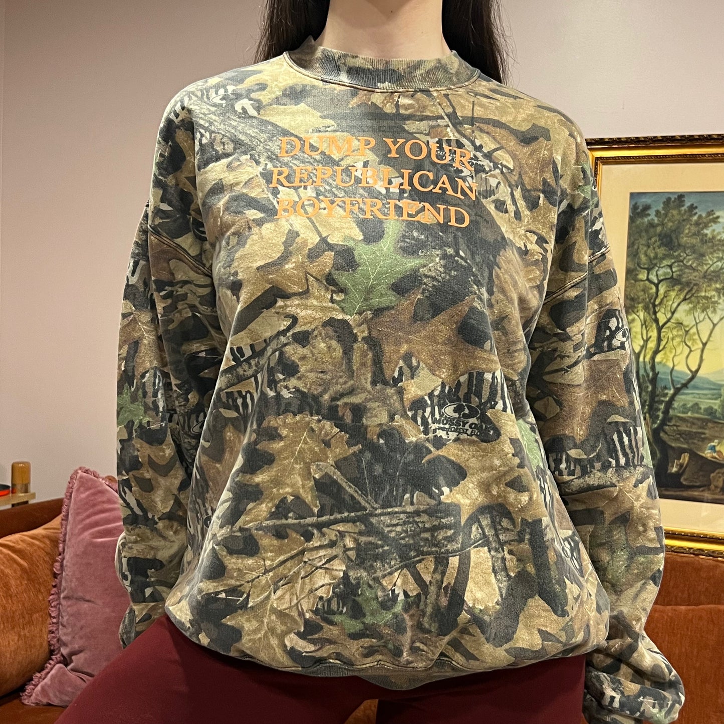 DUMP YOUR REPUBLICAN BOYFRIEND camo crewneck with orange text (XL)