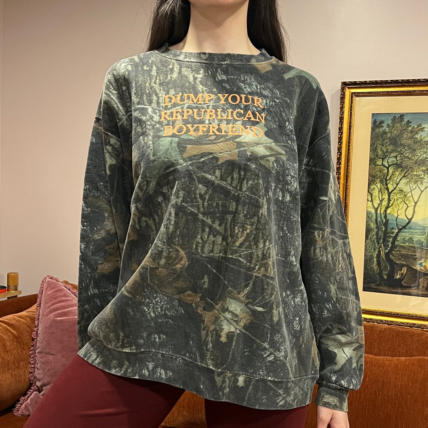 DUMP YOUR REPUBLICAN BOYFRIEND camo crewneck with orange text (XL)