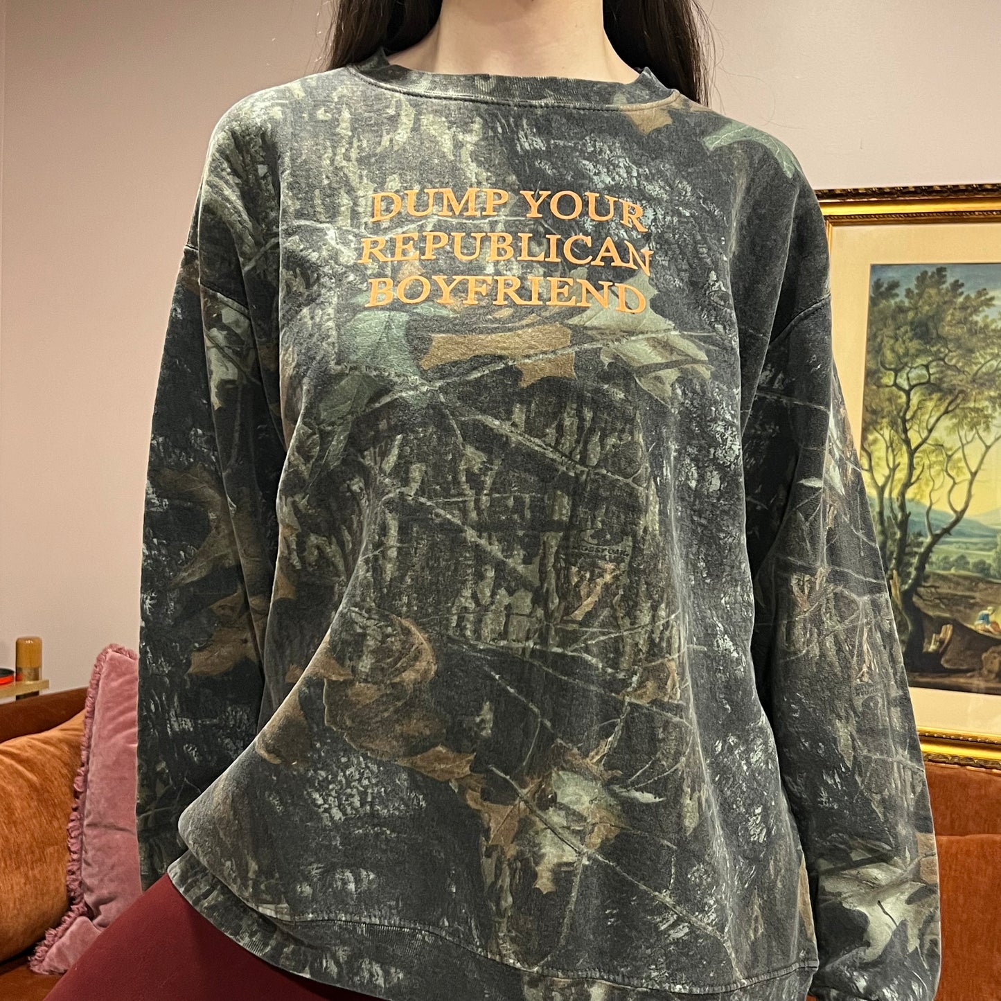 DUMP YOUR REPUBLICAN BOYFRIEND camo crewneck with orange text (XL)