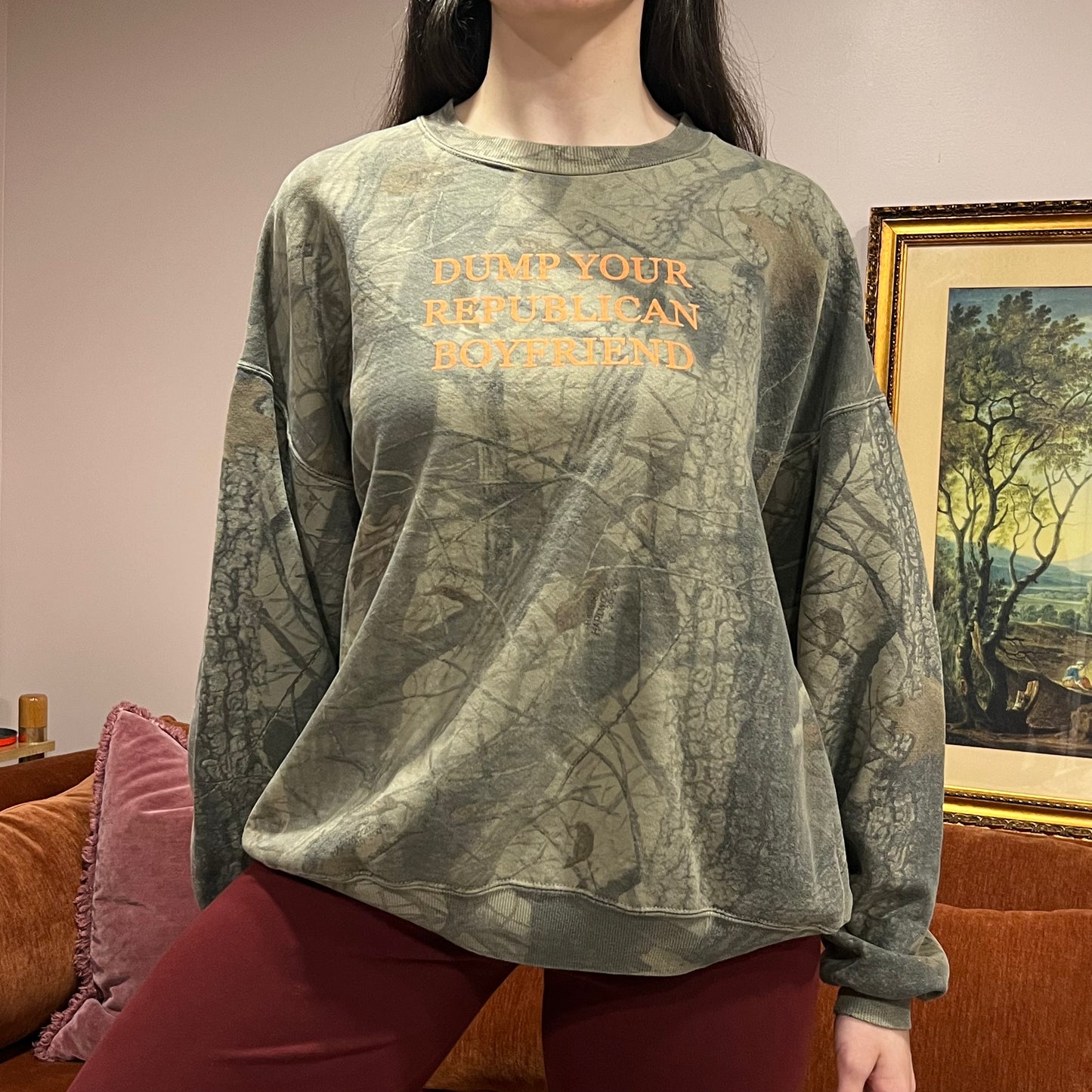 DUMP YOUR REPUBLICAN BOYFRIEND camo crewneck with orange text (2XL)