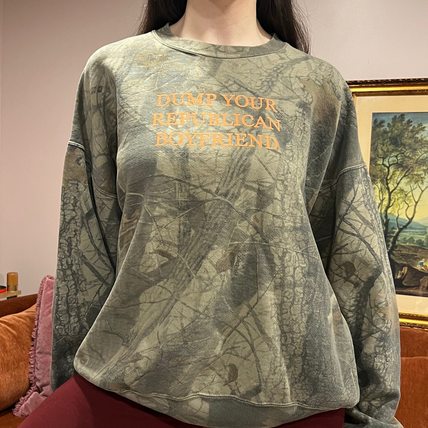 DUMP YOUR REPUBLICAN BOYFRIEND camo crewneck with orange text (2XL)