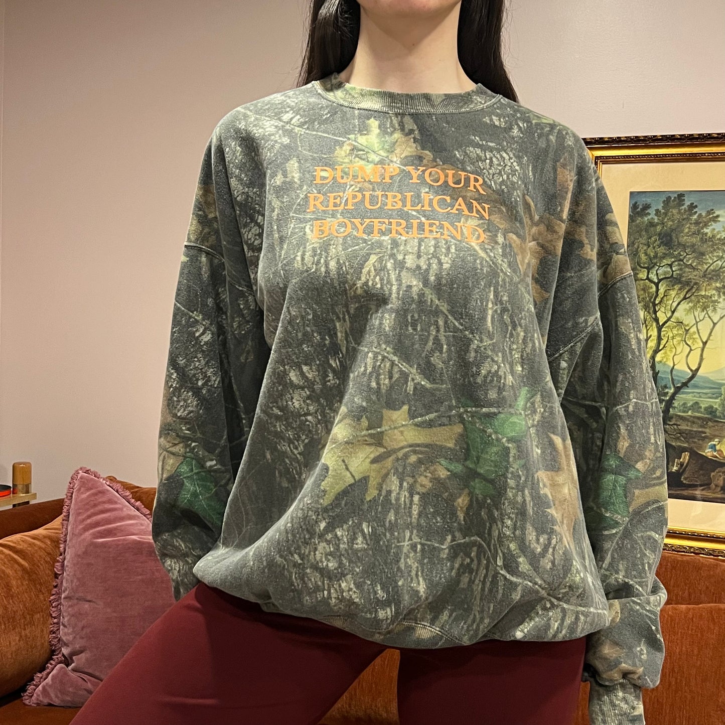 DUMP YOUR REPUBLICAN BOYFRIEND camo crewneck with orange text (3XL)