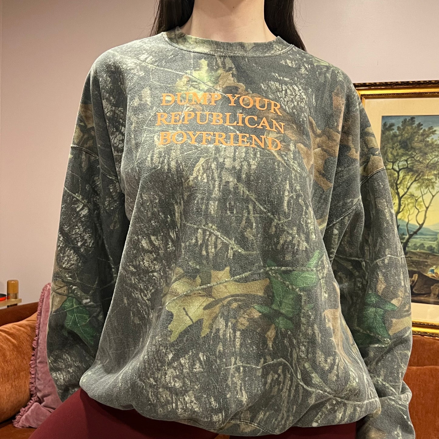DUMP YOUR REPUBLICAN BOYFRIEND camo crewneck with orange text (3XL)