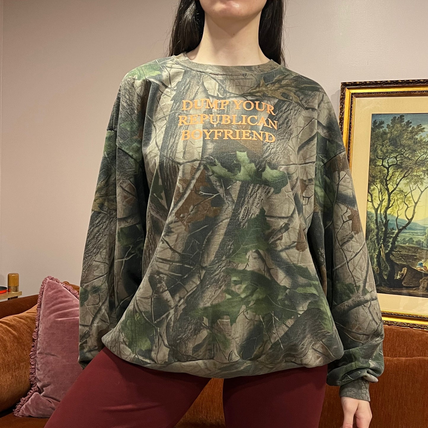 DUMP YOUR REPUBLICAN BOYFRIEND camo crewneck with orange text (3XL)