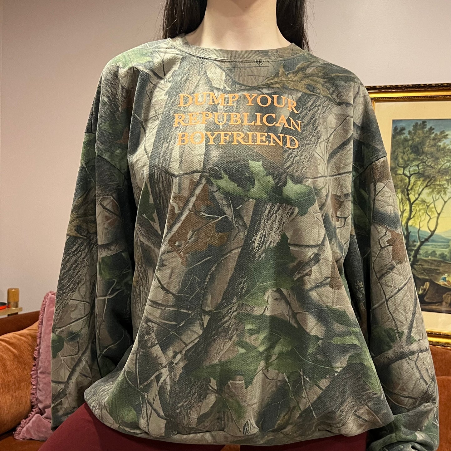 DUMP YOUR REPUBLICAN BOYFRIEND camo crewneck with orange text (3XL)