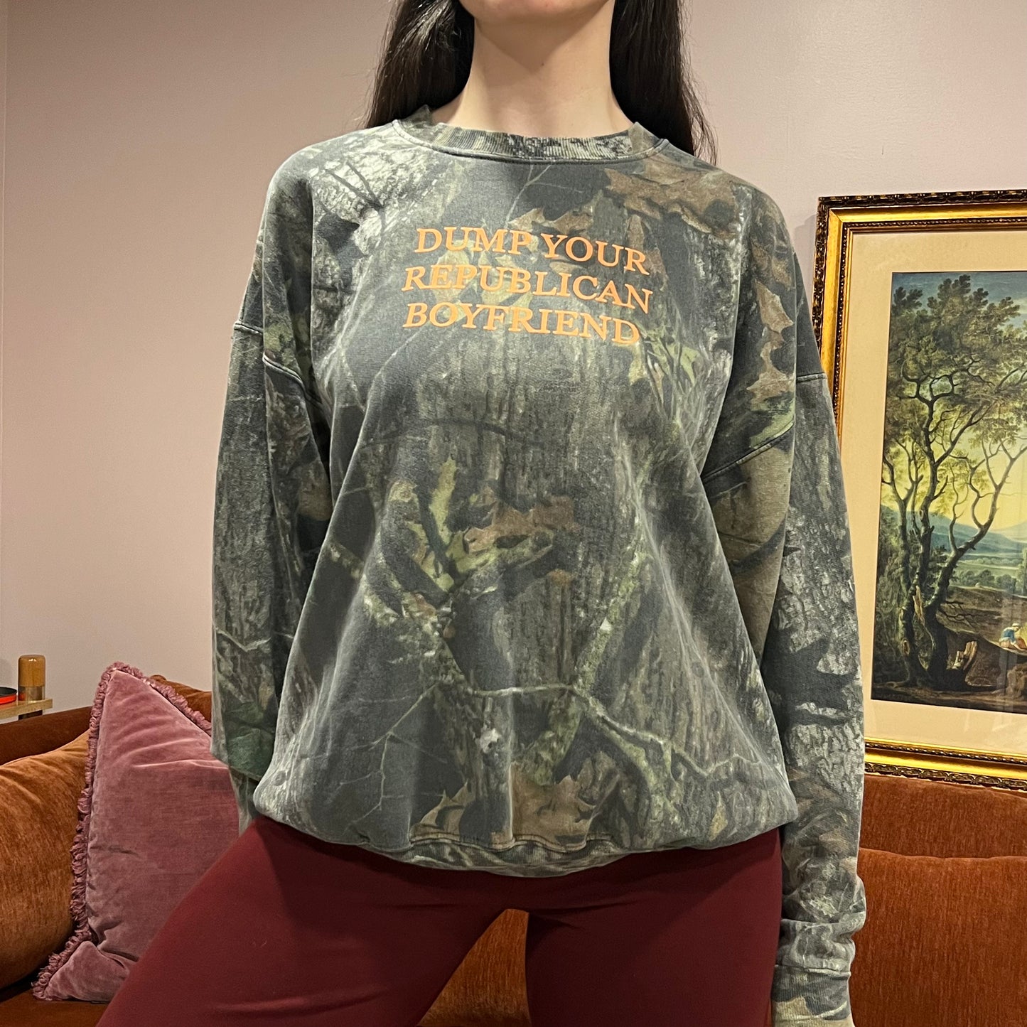 DUMP YOUR REPUBLICAN BOYFRIEND camo crewneck with orange text (XL)