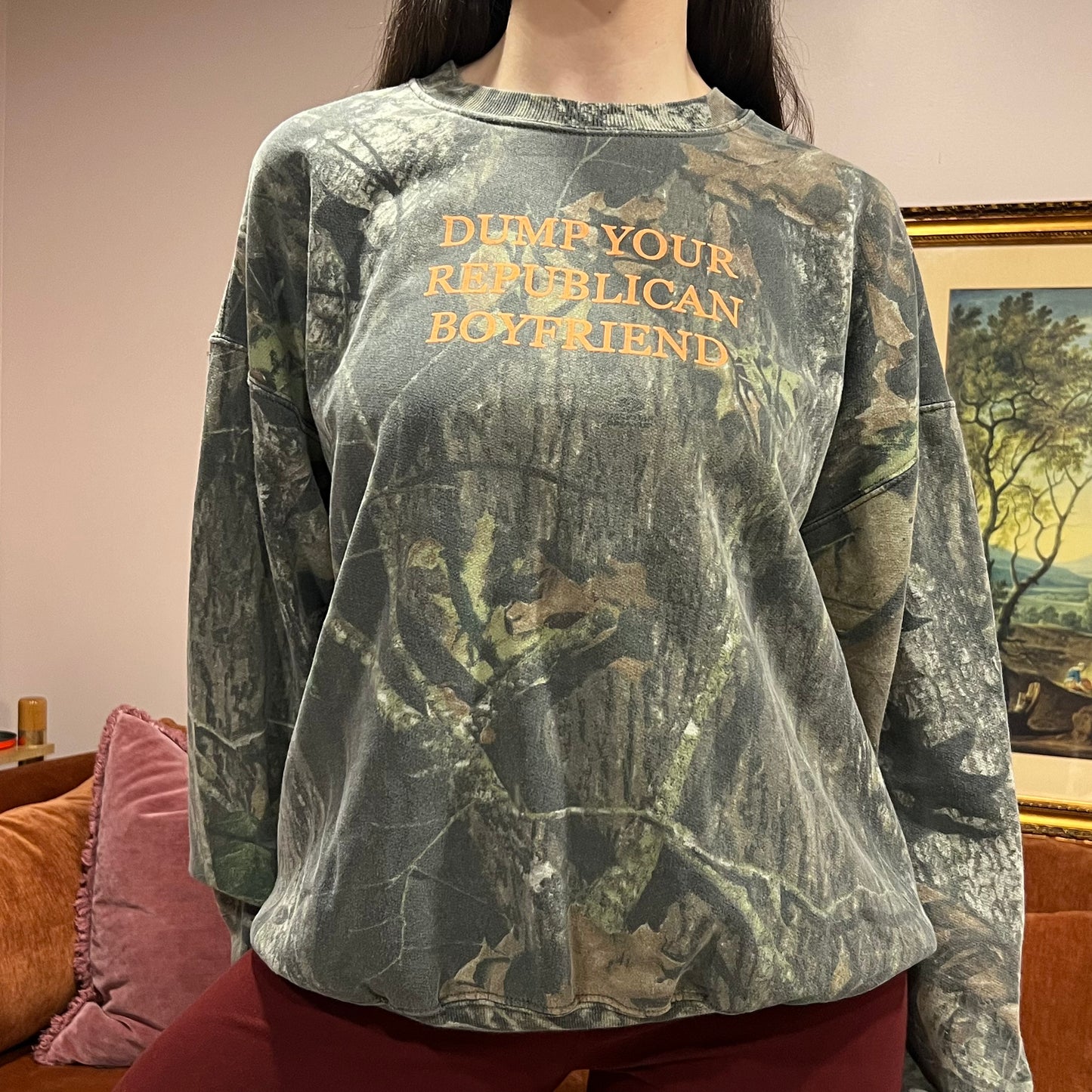 DUMP YOUR REPUBLICAN BOYFRIEND camo crewneck with orange text (XL)